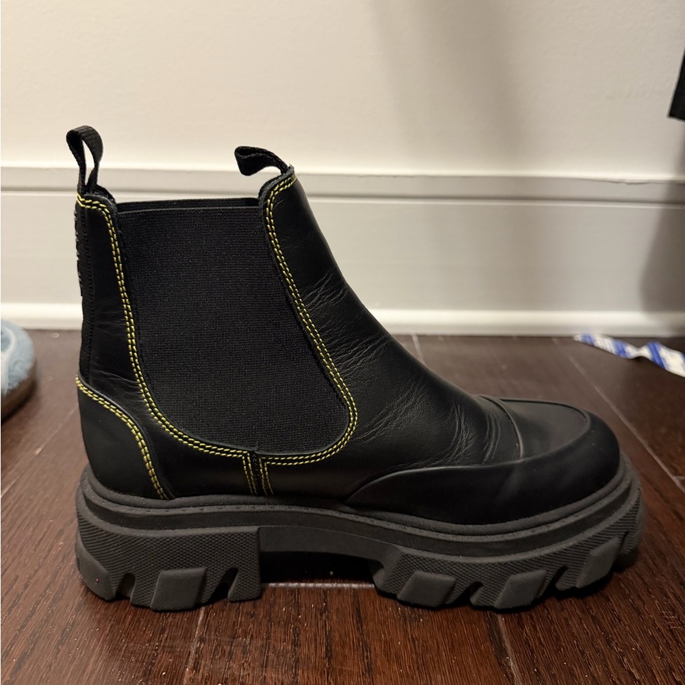 Ganni Black Ankle Boots with Yellow Contrast-Stitching